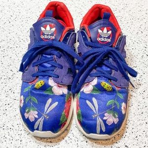 Adidas / Rita Ora Blue and Red Floral Sneakers, Size 7